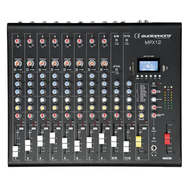 AUDIOPHONY MPX12 console de mixage Mixer 12 canaux avec compresseur, Effets et lecteur USB/SD/BT