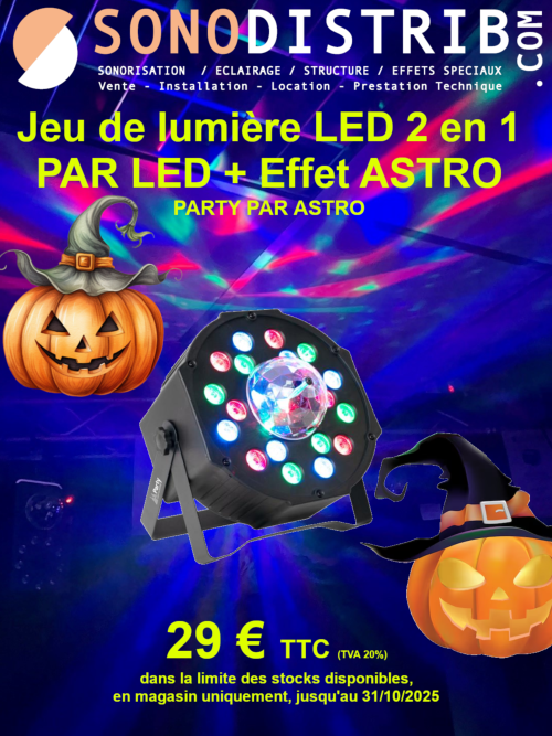 Promo magasin matériel sono halloween 2025 location vente pas cher jeu de lumière enceinte bluetooth lasr lumière noire uv soirée fluo laser machine à fumée canon à fumée lille nord pas de calais sonodistrib seclin